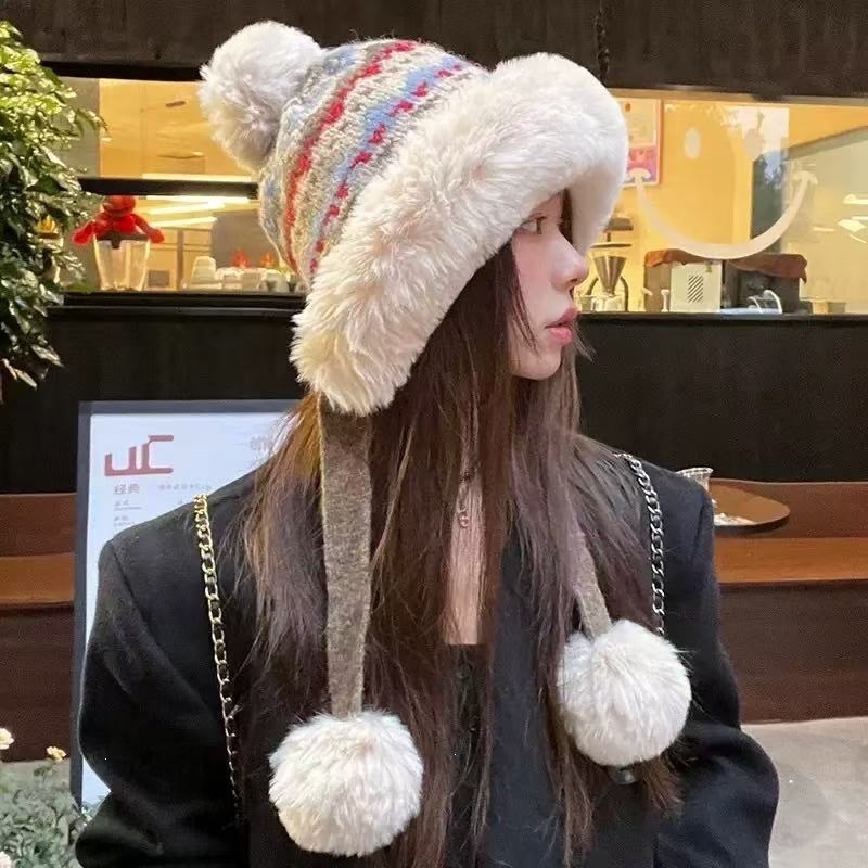 Winter Trapper Hat - Women Fair Isle Trapper Bomber Hat
