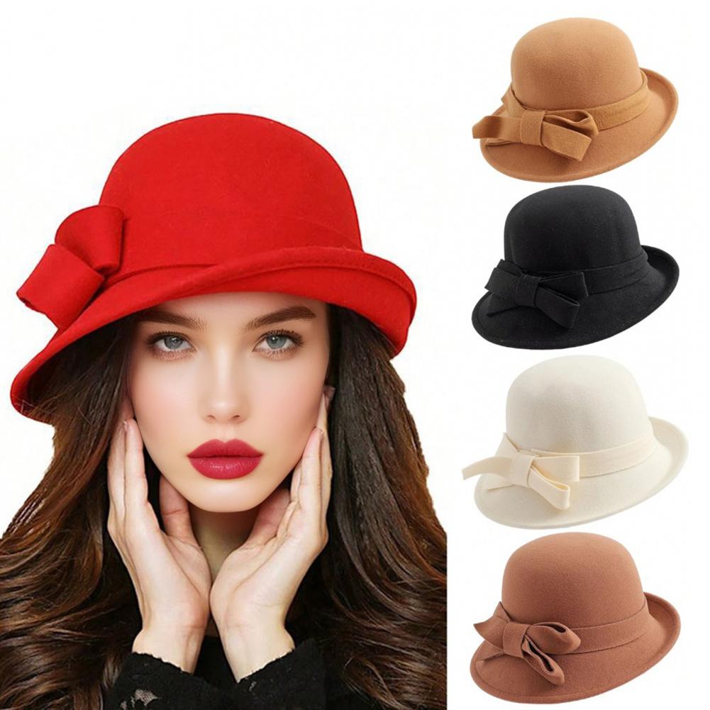 Fedora Hat Wool - Elegant Vintage Bowknot Wool Felt Bucket